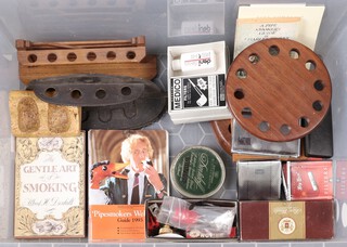 An oak pipe rack in the form of a 5 bar gate, 2 other pipe racks, 2 chrome cigarette cases and a quantity of pipe related equipment 