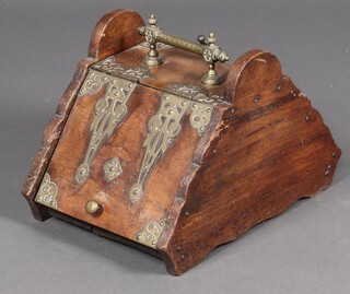 A Victorian walnut and brass mounted wedge shaped coal box 32cm h with associated shovel 