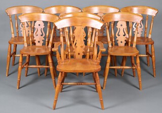 A set of 8 beech framed Windsor stick and bar back dining chairs - 1 carver (bar back a/f) and 7 standard  