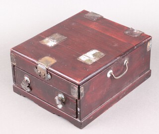 A rectangular Chinese hardwood vanity box with metal mounts, the hinged lid fitted a mirror 12cm h x 25cm w x 31cm d 
