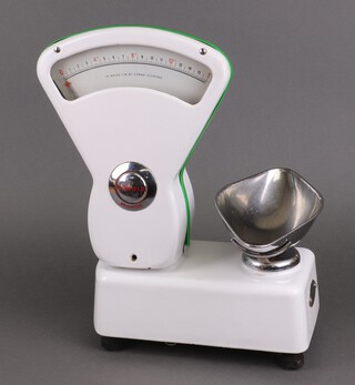 A pair of 1950's white and green enamelled double sided grocer's scales marked Banfield Brighton 47cm h x 30cm w x 16cm d 