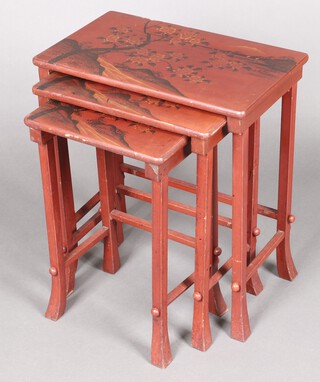 A nest of 3 Japanese rectangular lacquered coffee tables with floral decoration 64cm h x 57cm w x 34cm d (largest table a/f) 