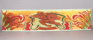 Of circus interest, a concave painted panel decorated Mercury 62cm h x 261cm w x 5cm d (some paint loss in places) 