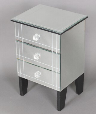 A mirrored bedside chest of 3 short drawers with glass handles 60cm h x 40cm w x 32cm d 