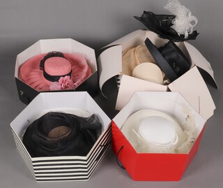 A Debenhams hat box containing 2 ladies hats, a M&S hat box containing 2 hats, John Lewis hat box containing 5 various hats, 2 fascinators and a straw peak and a red hat box containing a hat 