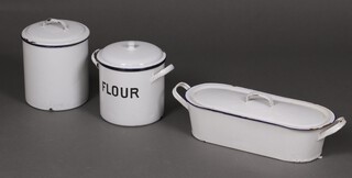 A blue and white enamelled fish kettle 48cm w, a ditto bread bid 18cm h and 1 other 20cm h 