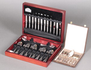 A cased silver plated Old English pattern pastry set and a French chrome 44 piece canteen of cutlery in a mahogany box 
