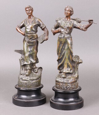 A pair of 19th Century French spelter figures depicting Industry on turned socle bases 34cm h 
