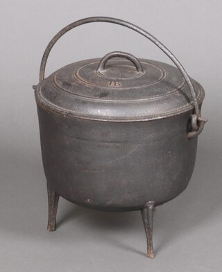 An iron cauldron and lid with hinged handle 30cm h x 34cm diam., the lid marked 16 