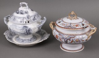 A Victorian blue and white soup tureen and stand with ladle (ladle a/f), base marked Lake and 1 other tureen with ladle (ladle riveted) 
