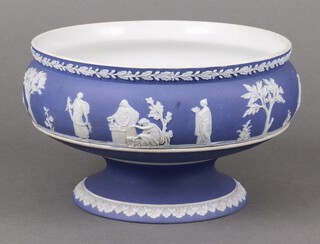 A Wedgwood blue Jasperware pedestal bowl decorated figures 20cm 