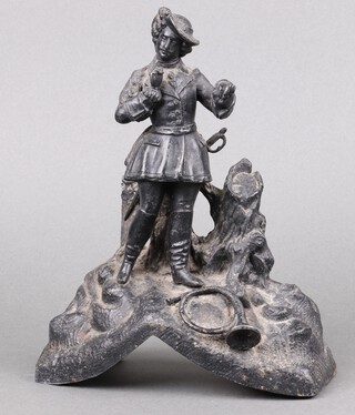 A Victorian spelter figure in the form of a standing huntsman with sword and horn 22cm h x 20cm w x 7cm d (damage to reverse) 
