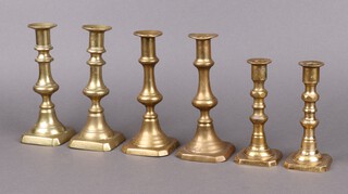 Three pairs of 19th Century brass candlesticks 19cm, 18cm and 14cm 