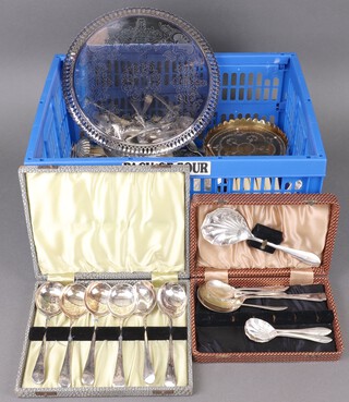 Six silver plated Old English pattern soup spoons cased, a silver plated tray and and other items of silver plated flatware 