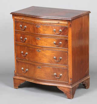 A Georgian style crossbanded mahogany chest of serpentine outline, with brushing slide above 4 long drawers, raised on bracket feet 81cm h x 71cm w x 45cm d 