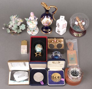 A Chinese hardstone model of a plant in a champleve urn 10cm, a glass paperweight decorated a Bristol Bulldog, a lighter and other curios 