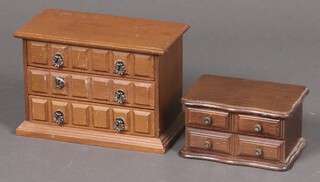 A wooden 3 draw jewellery chest 17cm h x 26cm w x 14cm d containing a collection of necklaces and beads and a small jewellery box 9cm x 19cm x 13cm  