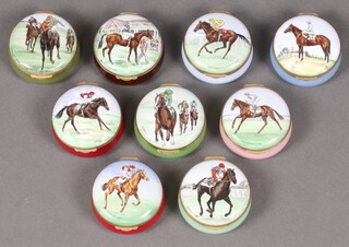 Nine limited enamelled pill boxes, specially commissioned by Gillby Racing, the lids decorated race horses 6cm 