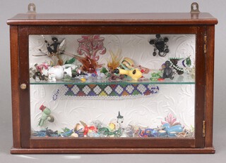 A rectangular mahogany and glass wall display cabinet and a collection of miniature glass items 22cm x 33cm x 12cm 