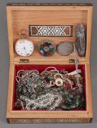 An embossed silver nail buffer, a gold plated open faced pocket watch  (f), a medallion on chain  and a quantity of costume jewellery contained in a hardwood box 