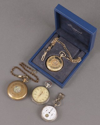 An Armel demi-hunter pocket watch contained in a gilt case with chain, a Rapport demi-hunter pocket watch  in a gilt case with chain, a military issue pocket watch  and a pedometer