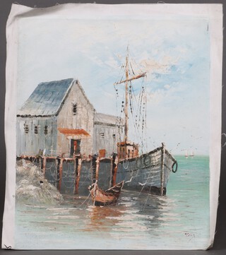 Tony, a Continental oil on canvas and board, study of a moored fishing boat 63cm x 50cm 