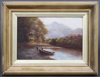 Oil on board, mountain landscape with river, fishing boat and figures 29cm x 45cm 