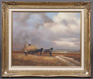 L Williams, oil on board, shire horse with farmer in a field at dusk 39cm x 39cm, within a gilt frame  