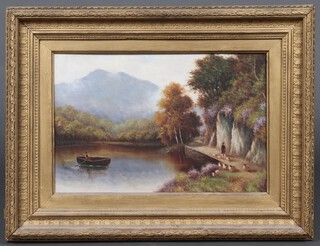Oil on board, study of a mountain lake with rowing boat and figure driving sheep 29cm x 45cm 