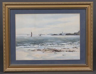 Watercolour, coastal scene with sailing boats, cliffs and church in distance 23cm x 30cm (some foxing) 