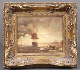 A reproduction oil on board, study of a 3 masted sailing ship, signed ITZ to bottom left corner 19cm x 24cm, in a gilt frame 