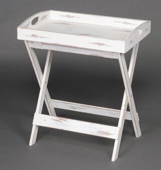 A rectangular white painted butlers tray and stand 68cm h x 60cm w x 40cm d 