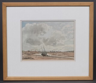 George Lionel Behrend 1926, watercolour, study of an estuary with industrial buildings in the distance 17cm x 23cm 