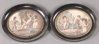 A pair of 19th Century oval coloured prints of children at play 13cm x 15cm  in ebonised and gilt frames 