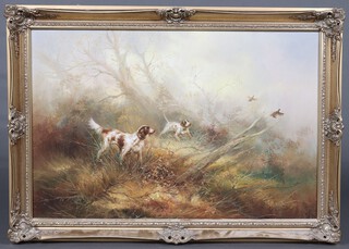 Oil on canvas, pointers flushing game in woodland, indistinctly signed to right corner 59cm x 89cm 