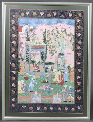 An Indo Persian painting on fabric, temple scene with waiting figures 107cm x 80cm 
