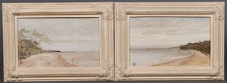 A pair of oil paintings on canvas "Woodside Beach Isle of Wight Towards Cowes and Southampton" and "Woodside Beach Towards Ryde Beyond Wootton Creek", dated 20.6.1950, 24cm x 39cm 