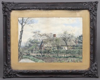 Watercolour, study of a thatched cottage with garden, five bar gate and figure 23cm x 33cm 