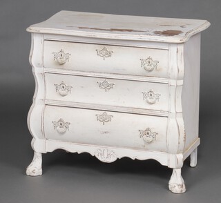 A French style white painted oak commode fitted 3 drawers, raised on cabriole supports 68cm h x 72cm w x 41cm d 