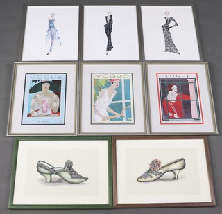 Three reproduction 19th Century Vogue fashion prints 26cm x 18cm together with 3 after Giorgio Armani and David Heald fashion prints 35cm x 27cm and 2 prints of ladies shoes 