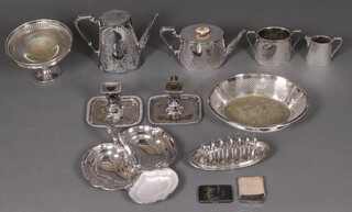 A 3 piece silver plated tea service, a pair of plated candlesticks and other items of silver plate  etc
