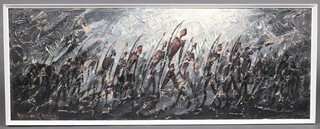 Edward Elliott, oil on board study of standing warriors, signed 44cm x 120cm 