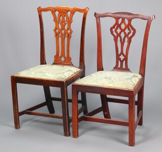 A 19th Century mahogany Chippendale style chair with pierced vase shaped slat back, upholstered seat, raised on square tapered supports 96cm h x 50cm w x 41cm d together with a similar chair (signs of old but treated worm to 2nd chair) 