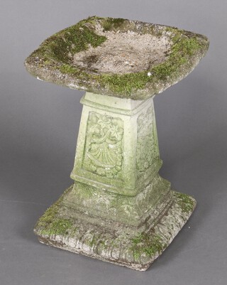 A well weathered square concrete garden  bird bath, in 2 sections, on a tapered column 50cm h x 36cm 
