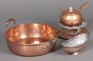 A copper twin handled preserving pan 38cm and a collection of copper ware