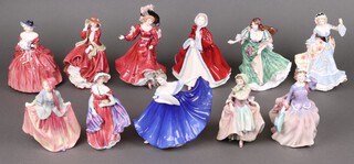 Eleven various Royal Doulton figures - Genevieve, Blithe Morning, Rachel, Sweet Anne (hand a/f), Ladies of The British Isles Scotland, England, Top Of The Hill, Patricia, Suzette, Elaine and Lady April 