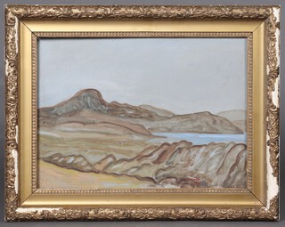 J More 1961, oil on board, study of a mountain lake 41cm x 56cm in a gilt frame 