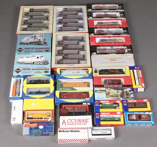 Model Railway HO gauge to include American, mostly DCC-equipped locomotives and rolling stock, 8 boxed AT&SF, Santa Fe and BNSF locomotives including 2 Life-Like Trains Proto 2000 Series GP30 and GP9 II, 2 Atlas GE U23B and 4 Atlas Master Locomotive Series Dash 8-40BW and GP-38 locomotives, plus 3 more boxed locomotives (Southern Pacific, Union Pacific and Rio Grande).  Rolling stock includes 26 boxed and unboxed Tyco, Athearn, Bachman, Accurail and other wagons and 3 packs of Walthers sets of six BNSF Bethgons and RD4 wagons
