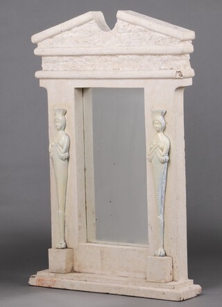 A rectangular plate mirror contained in an Egyptian style wood and resin frame supported by 2 standing female figures 127cm h x 79cm w x 17cm d (sections of plaster missing in places) 