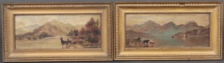 A pair of oils on canvas depicting mountainous landscape scenes with deer and cattle, monogrammed AMH and contained in git frames 14 x 34cm